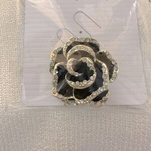 Enamel Flower Brooch Pin Lapel Black Blooming Rose With Clear Stones